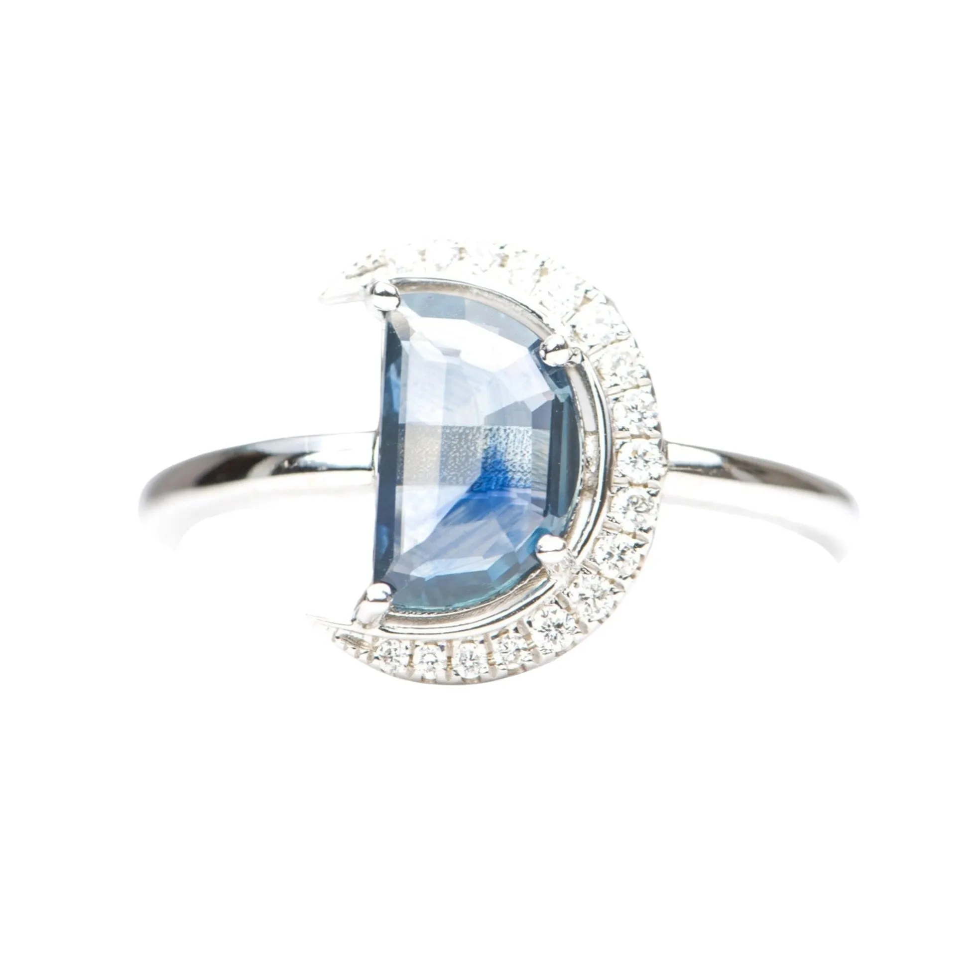 1.34ct Montana Sapphire Celestial Moon with Diamond Halo 14K White Gold Engagement Ring R6221