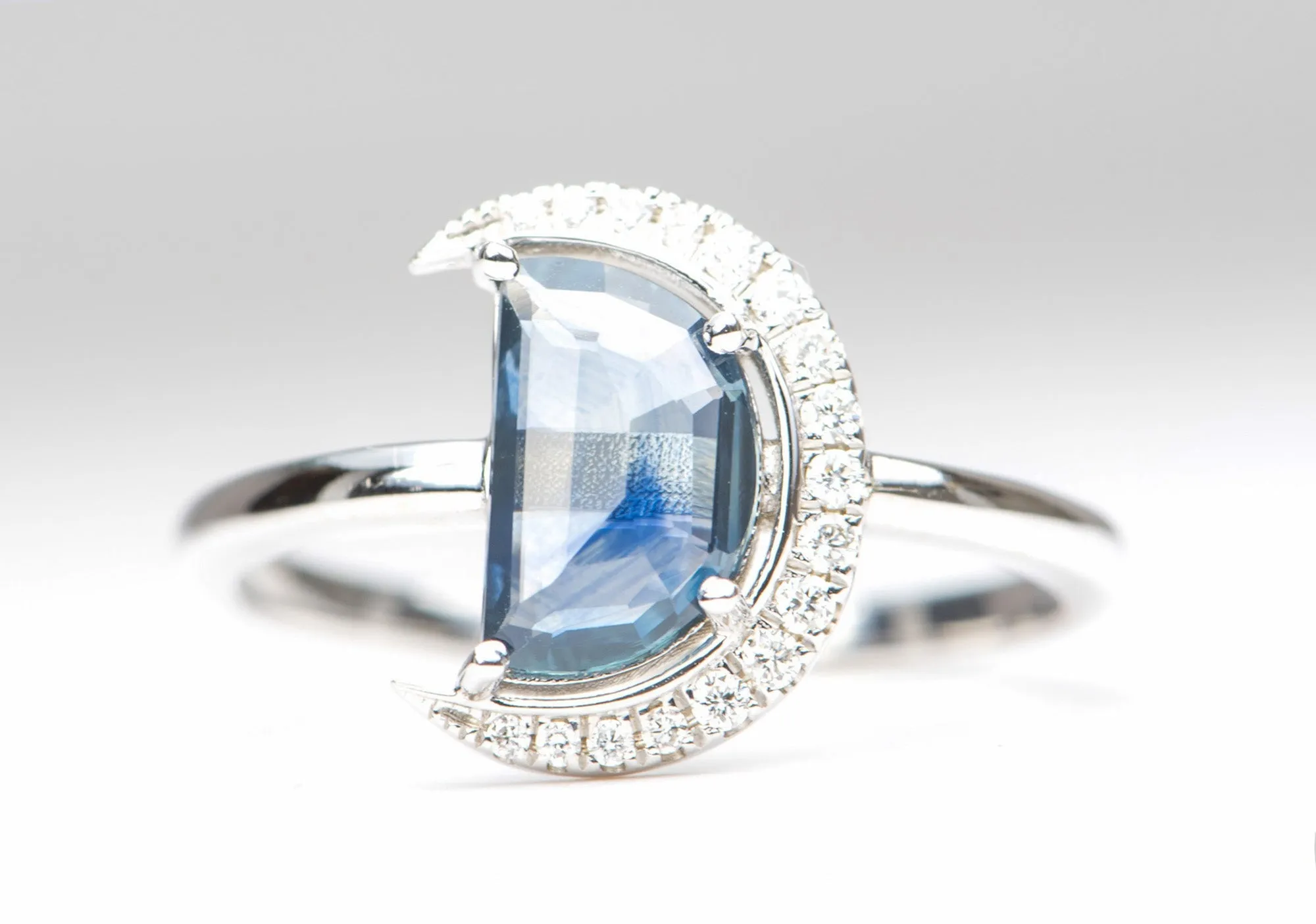 1.34ct Montana Sapphire Celestial Moon with Diamond Halo 14K White Gold Engagement Ring R6221