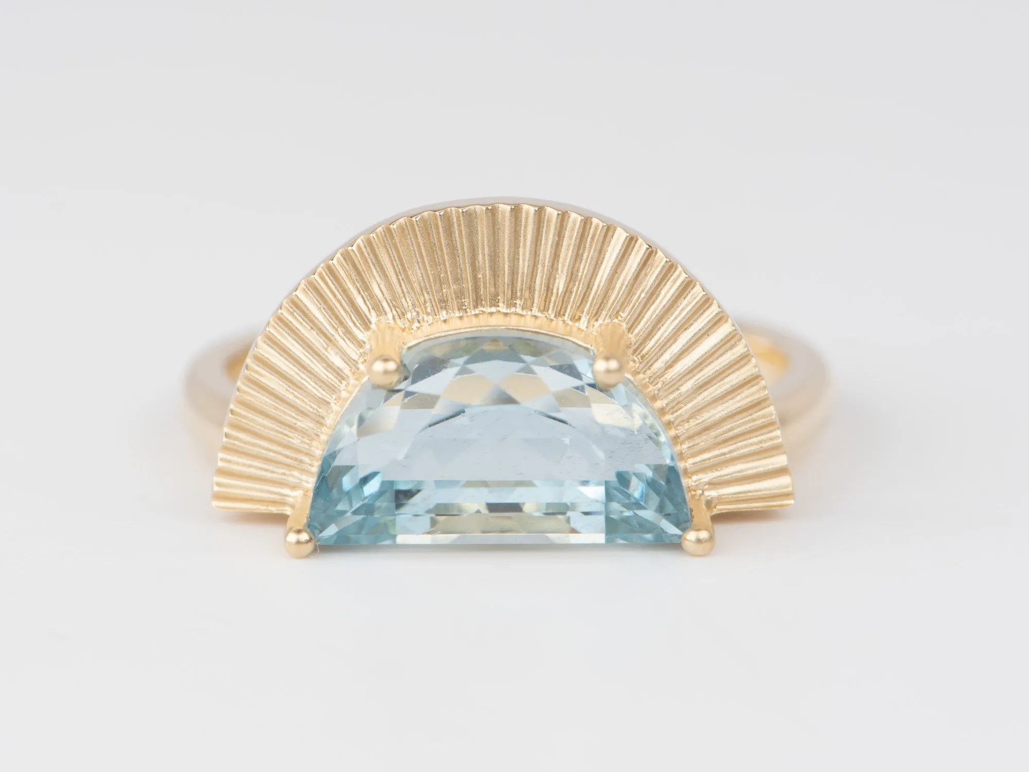 2.9ct Half Moon Shape Aquamarine with Sun Ray Ring 14K Gold R6669