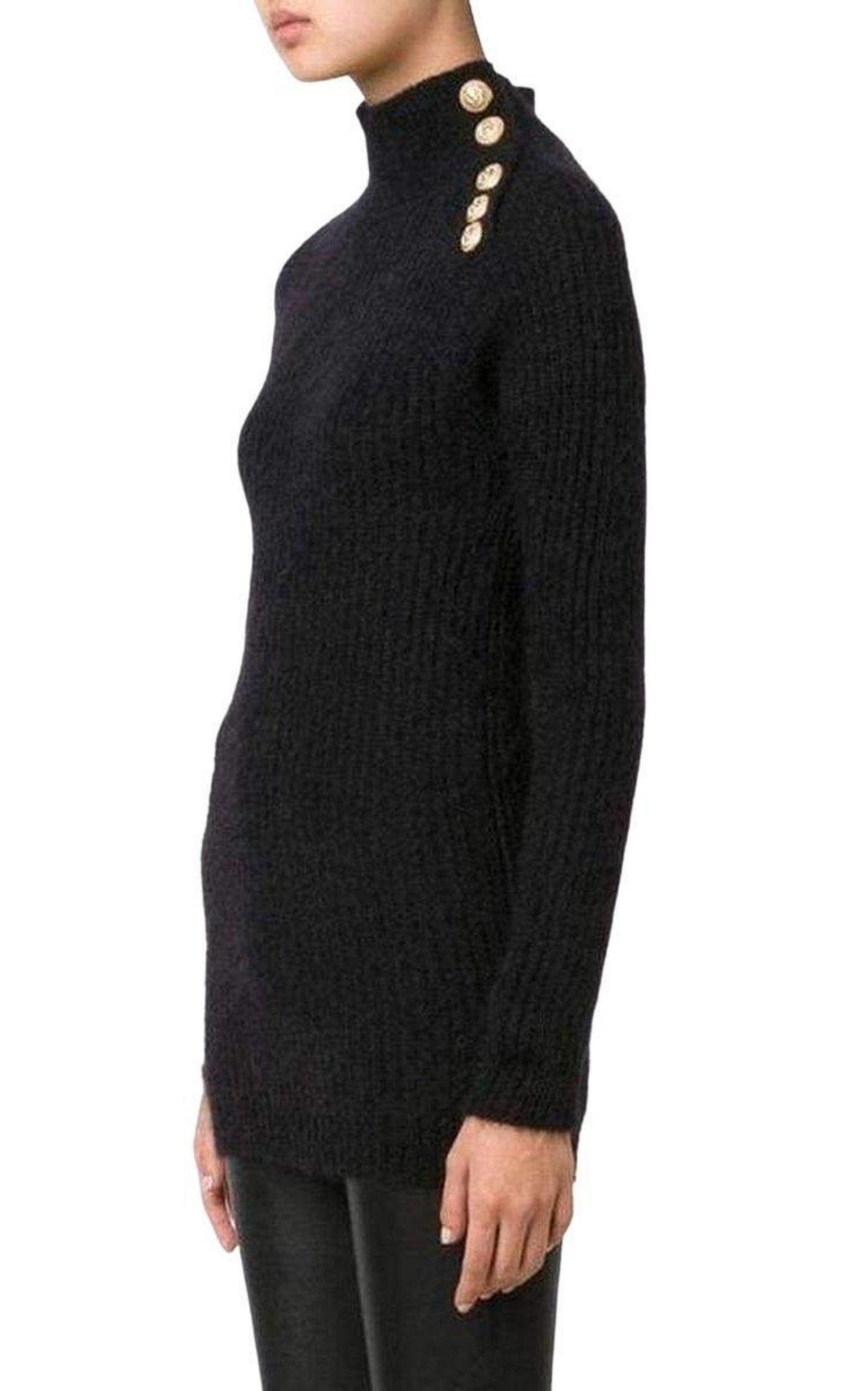 BALMAIN  |Black Mohair Wool Ribbed Turtleneck Sweater