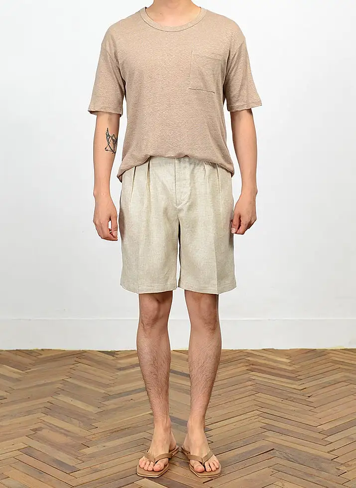 Beige Herringbone Linen Shorts For Mens Pants Summer Korean Suits