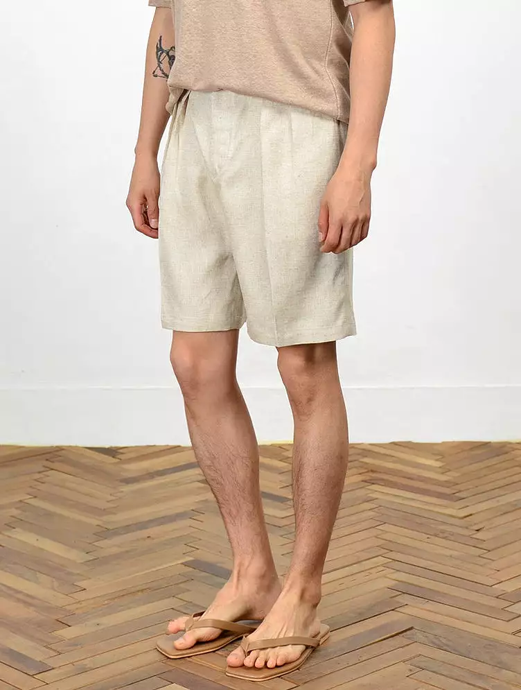 Beige Herringbone Linen Shorts For Mens Pants Summer Korean Suits