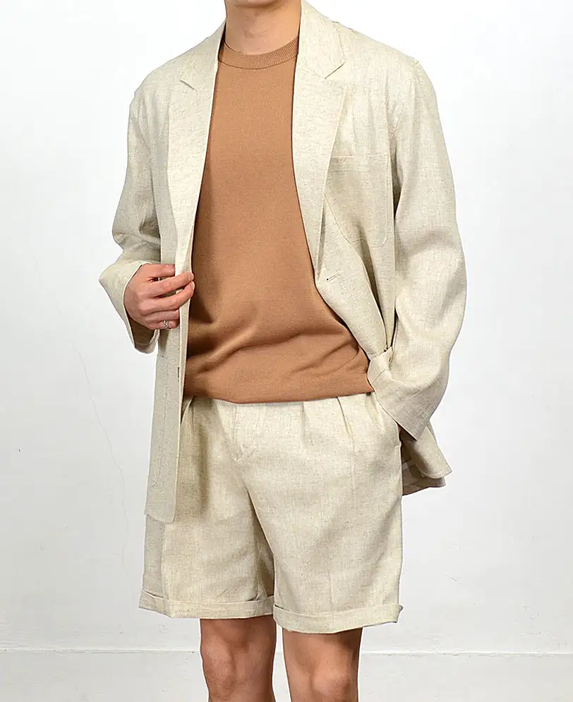 Beige Herringbone Linen Shorts For Mens Pants Summer Korean Suits