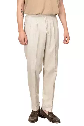 Beige Linen Two Tucked High Waist Trousers Mens Relaxed Pleated Pants