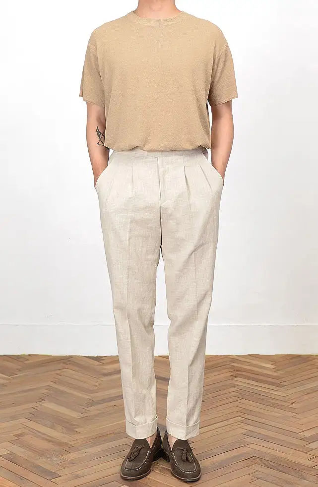 Beige Linen Two Tucked High Waist Trousers Mens Relaxed Pleated Pants