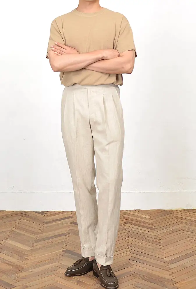 Beige Linen Two Tucked High Waist Trousers Mens Relaxed Pleated Pants