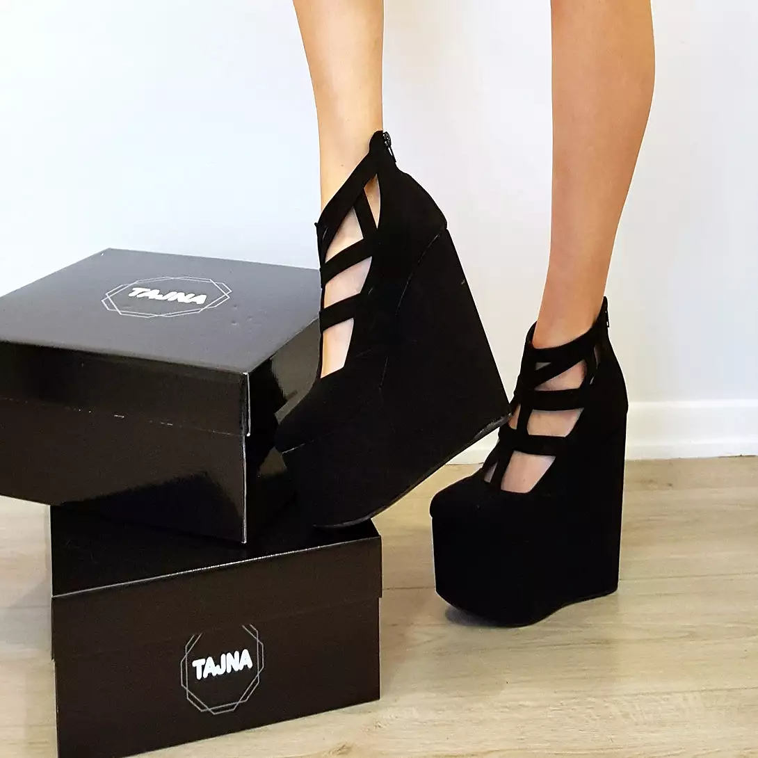 Black Faux Suede Cage Ankle Wedge Shoes