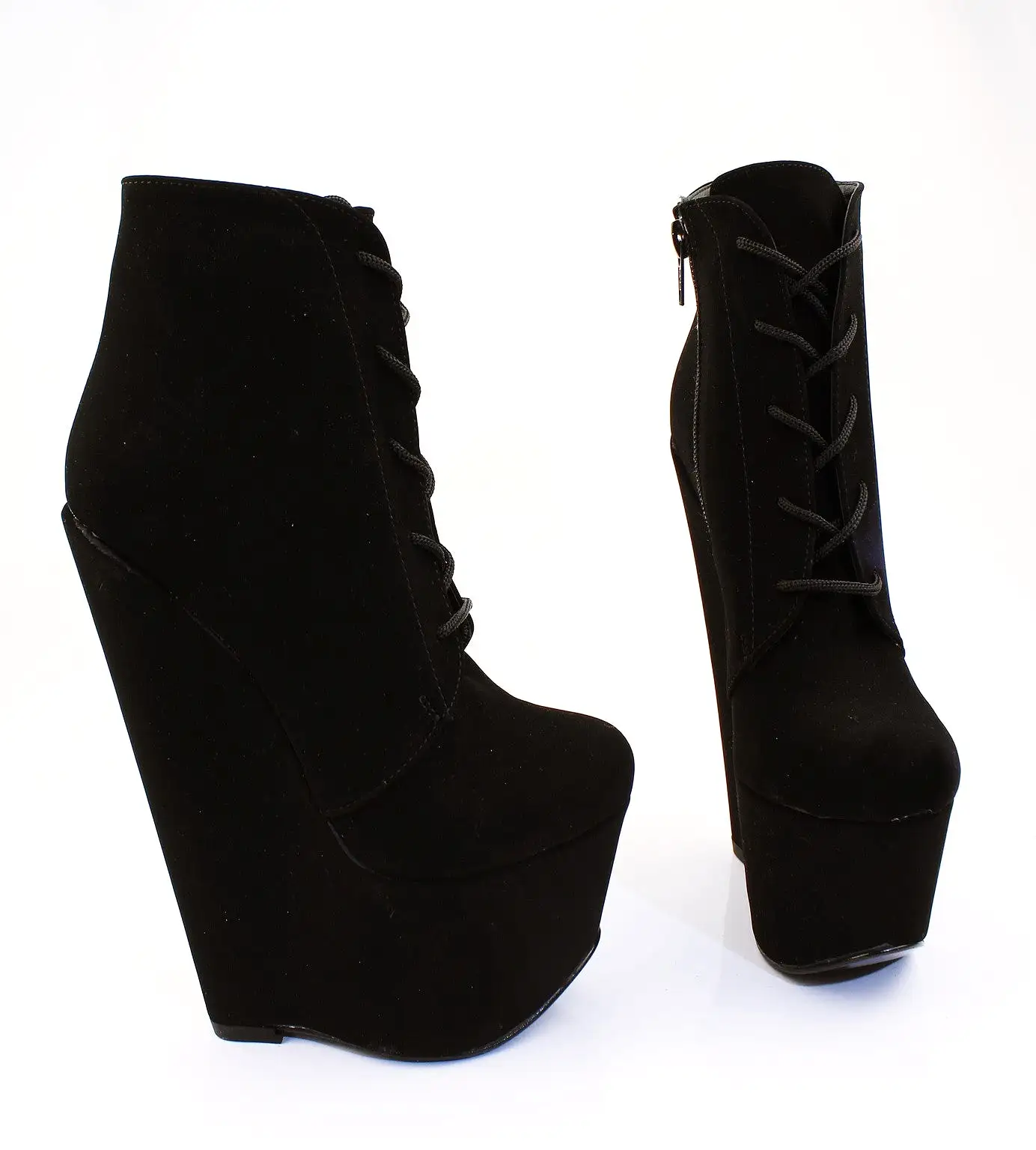 Black Faux Suede Lace Up Wedge Ankle Booties