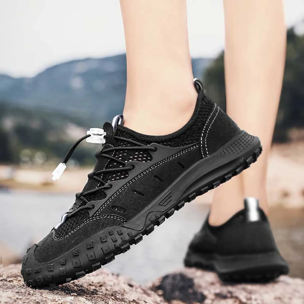 Black flyknit drawstring hollow cut shoe sneaker