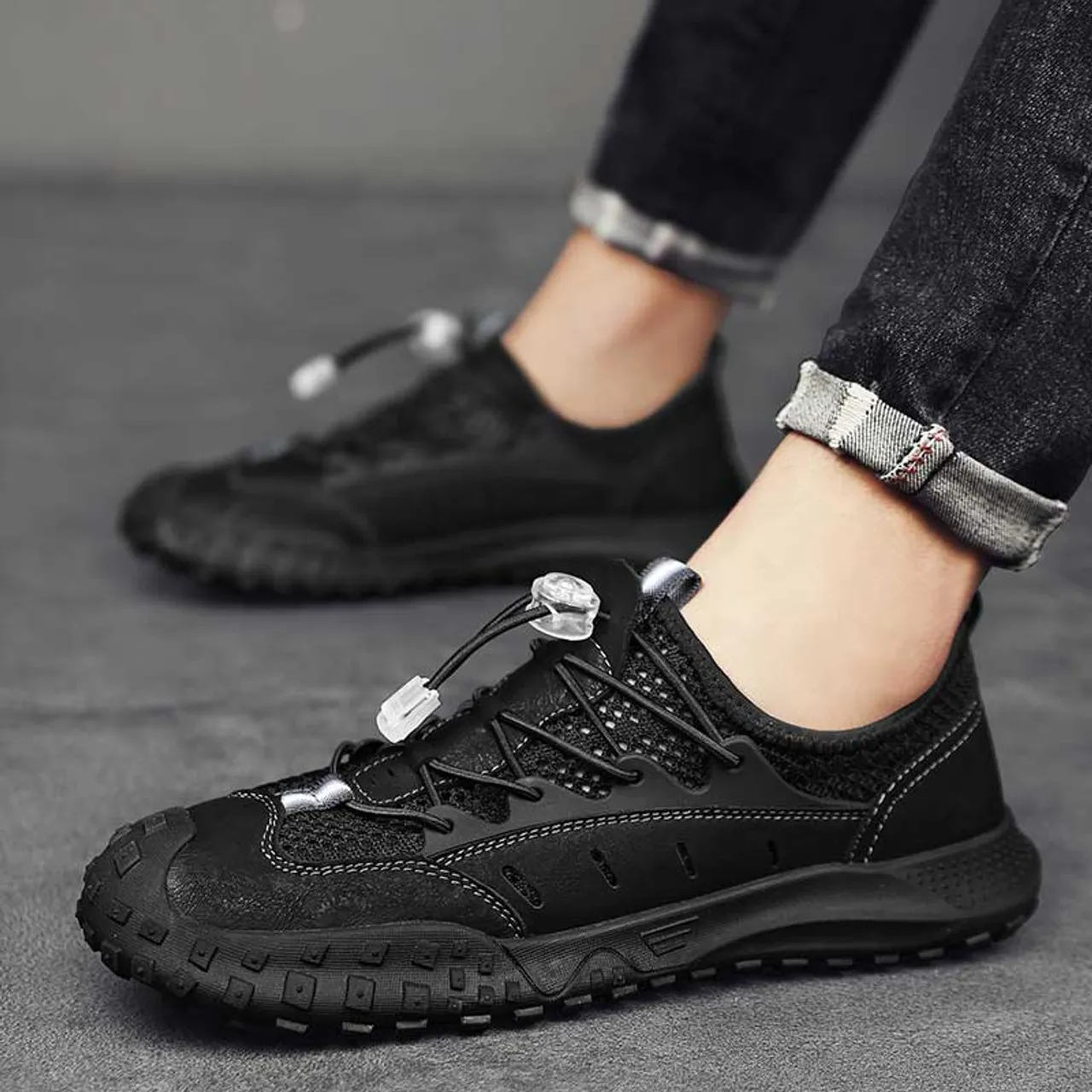 Black flyknit drawstring hollow cut shoe sneaker