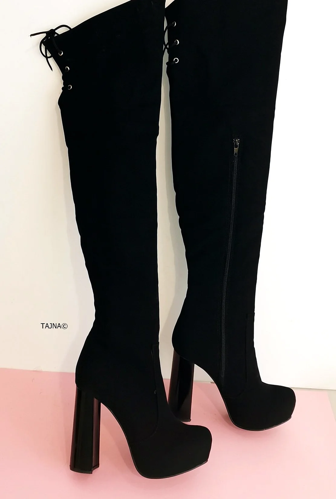 Black Suede Knee High 13 cm Chunky Heel Boots