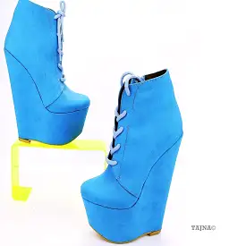 Blue Lace Up Ankle 16 cm Heel Wedge Booties