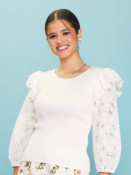 Brooklyn Ruffle Sleeve Eyelet Sweater Top