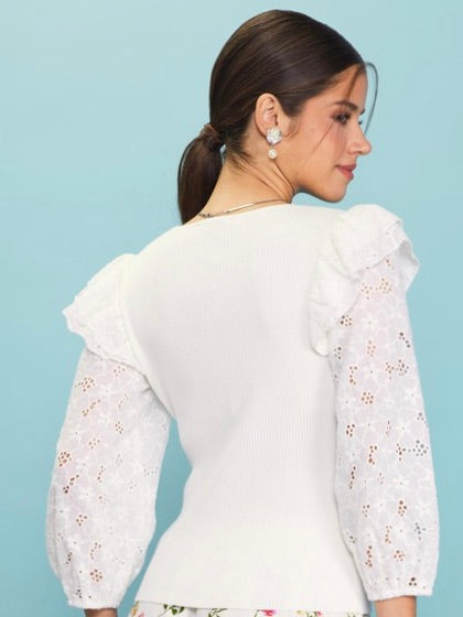 Brooklyn Ruffle Sleeve Eyelet Sweater Top