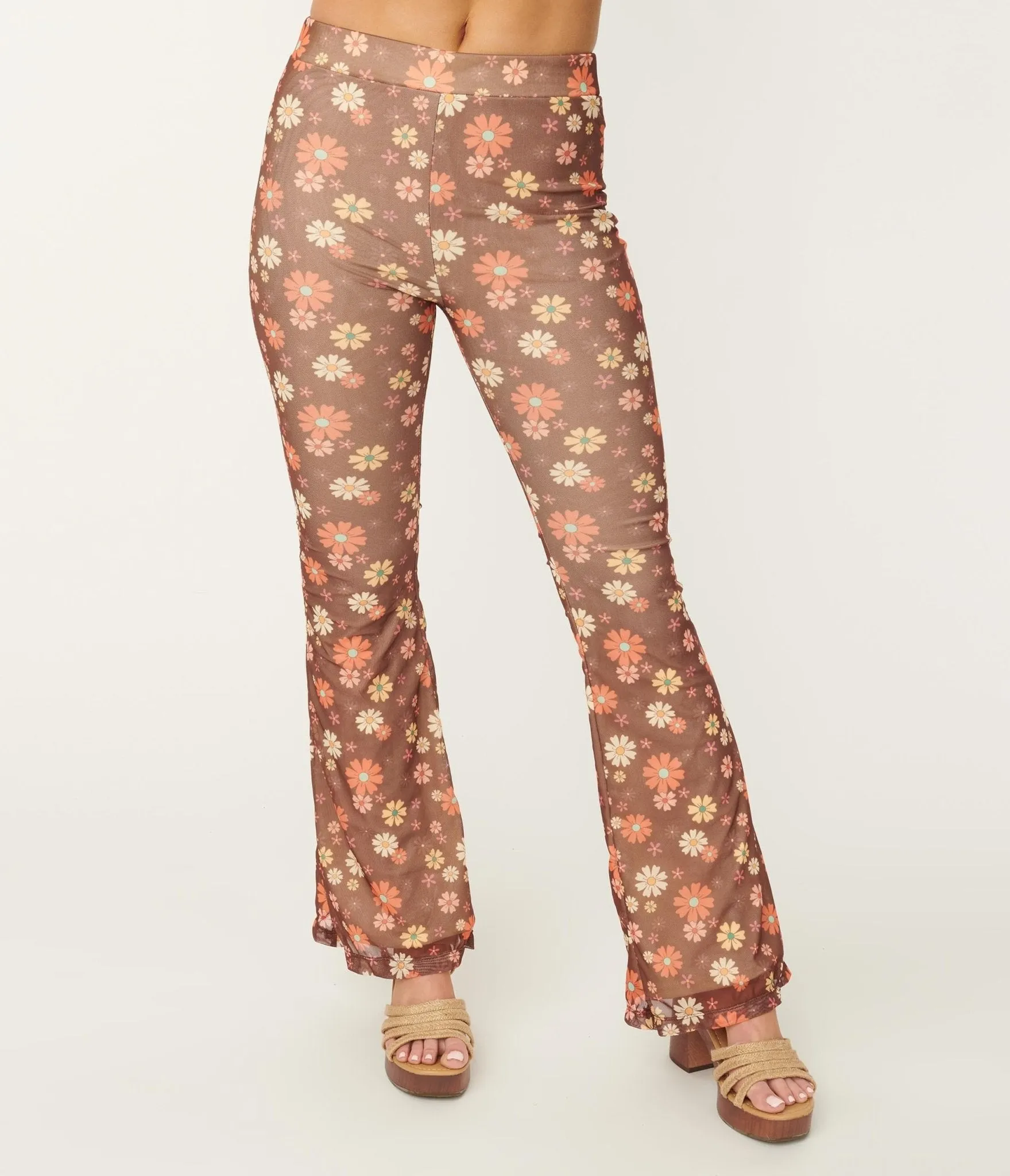 Brown & Multicolor Floral Mesh Flare Pants