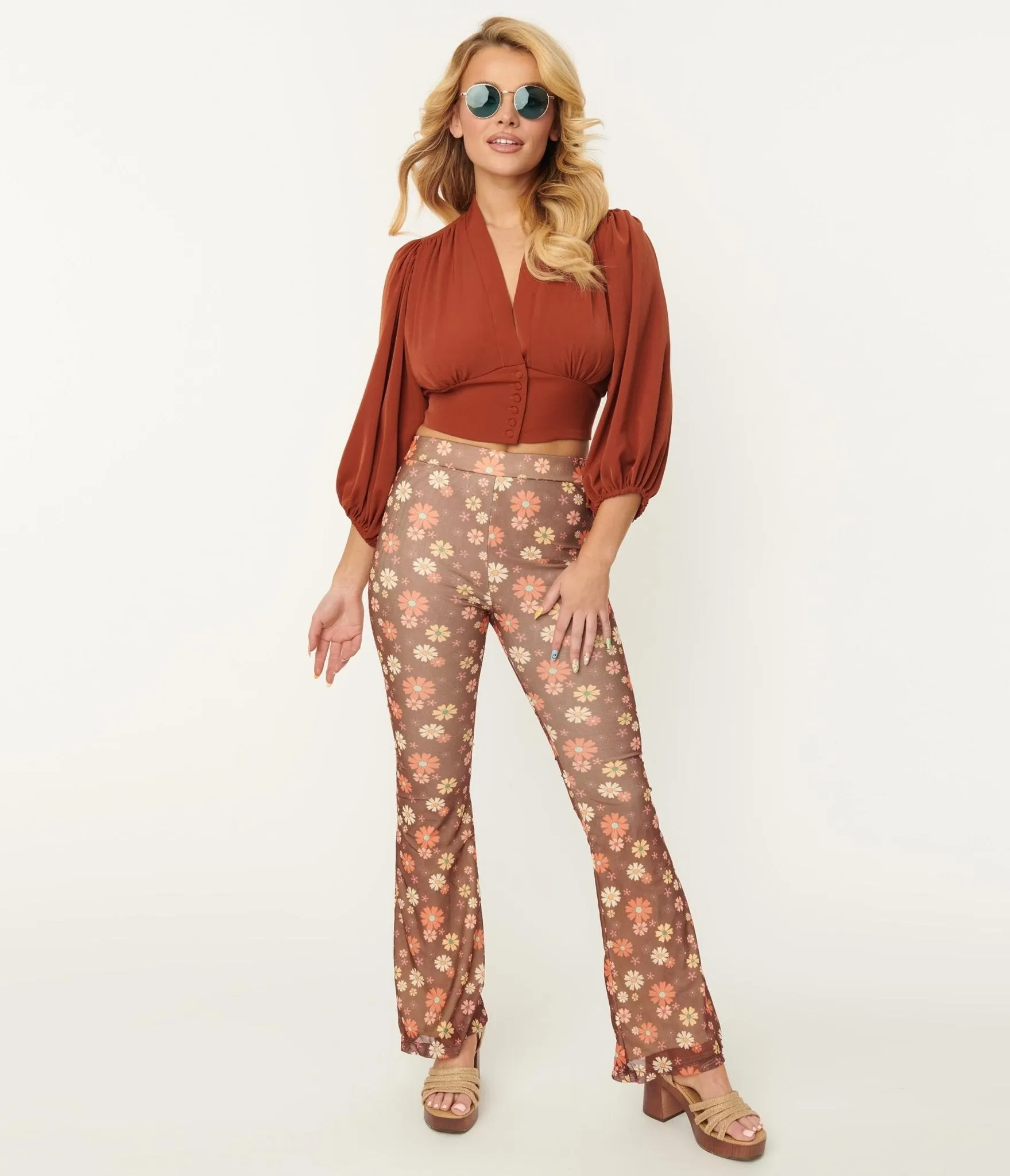 Brown & Multicolor Floral Mesh Flare Pants