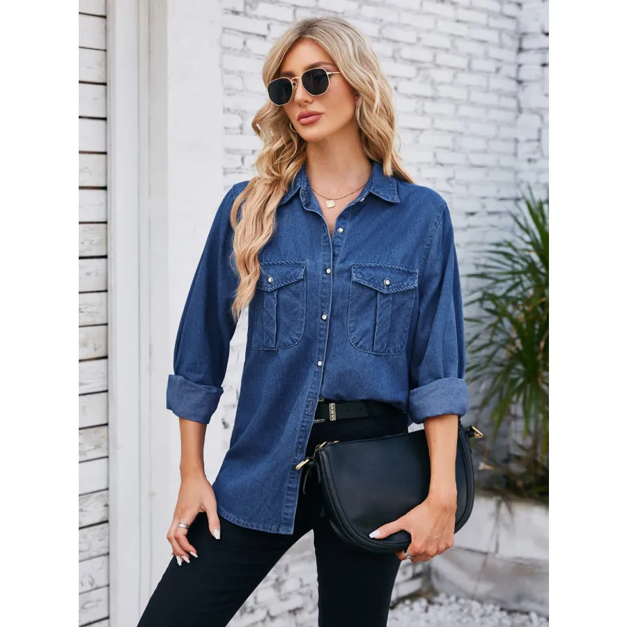 Button Up Collared Neck Denim Jacket