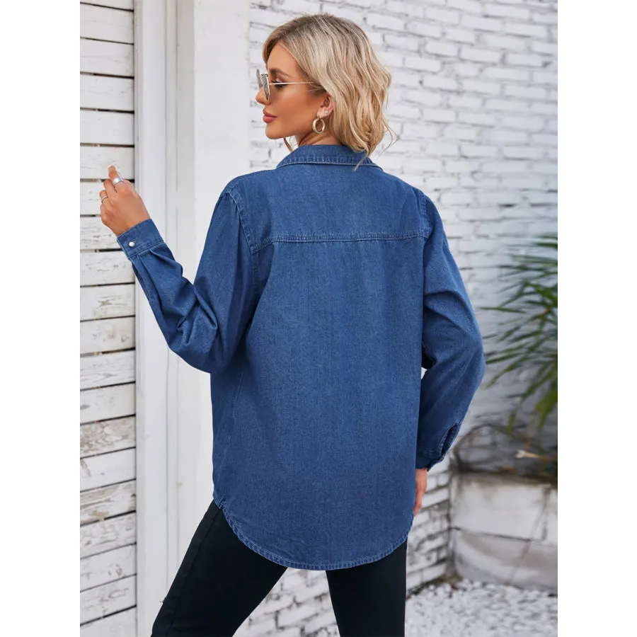 Button Up Collared Neck Denim Jacket