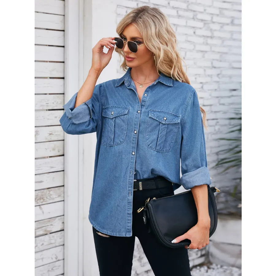 Button Up Collared Neck Denim Jacket