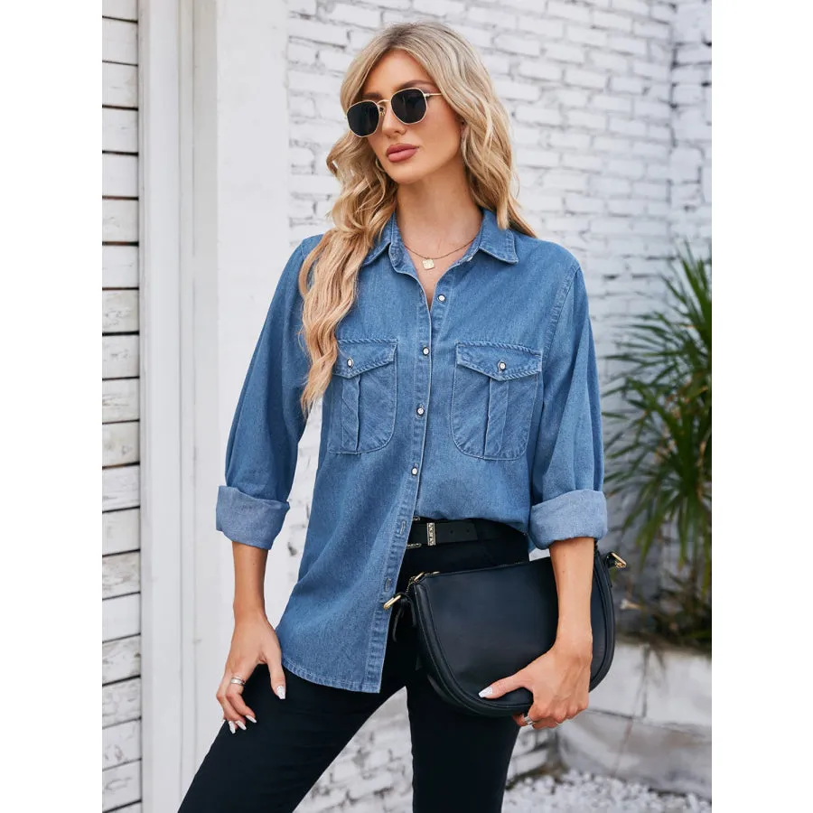 Button Up Collared Neck Denim Jacket