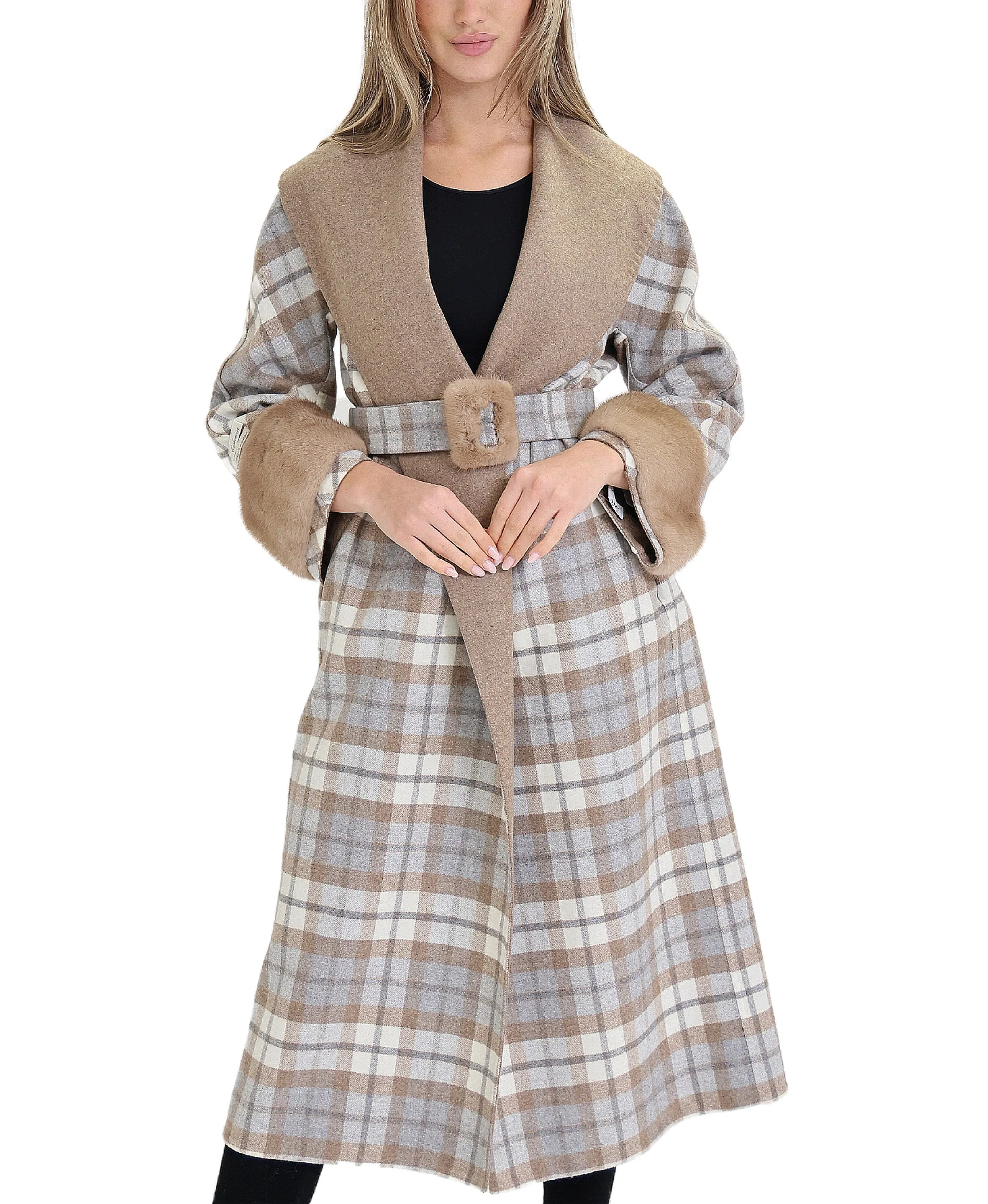 Cashmere Plaid Coat w/ Mink Trim