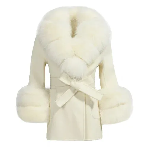 Children's winter woolen coat natural fox fur collar and cuffs