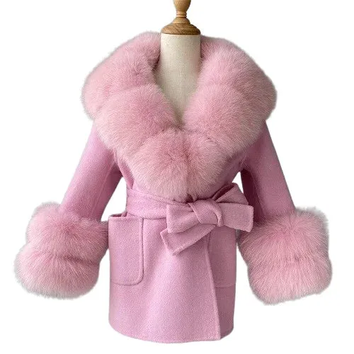 Children's winter woolen coat natural fox fur collar and cuffs