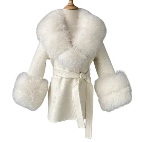 Children's winter woolen coat natural fox fur collar and cuffs