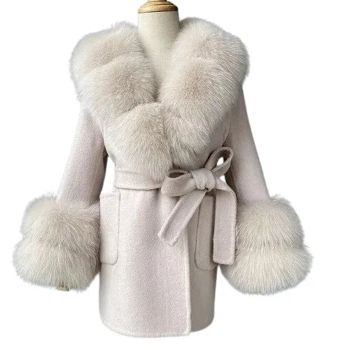 Children's winter woolen coat natural fox fur collar and cuffs