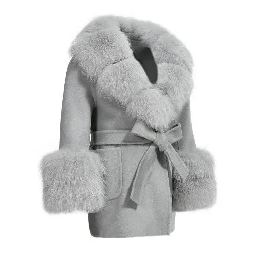 Children's winter woolen coat natural fox fur collar and cuffs