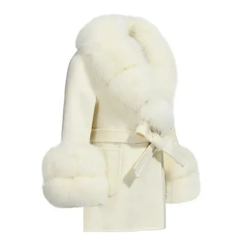 Children's winter woolen coat natural fox fur collar and cuffs