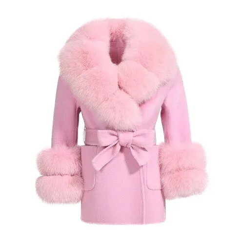 Children's winter woolen coat natural fox fur collar and cuffs