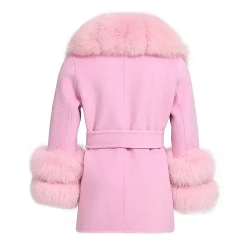 Children's winter woolen coat natural fox fur collar and cuffs