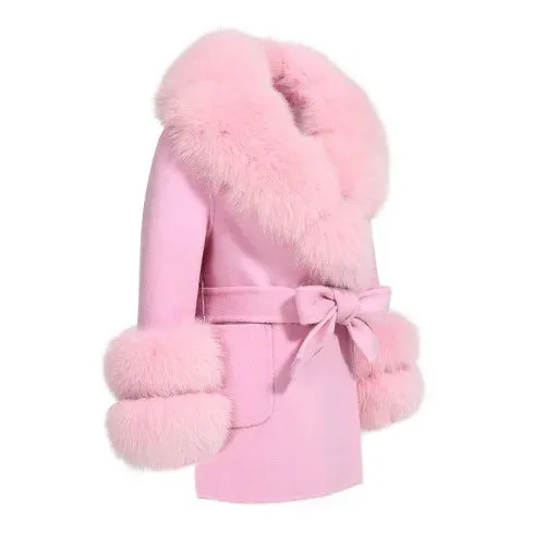 Children's winter woolen coat natural fox fur collar and cuffs