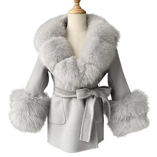 Children's winter woolen coat natural fox fur collar and cuffs