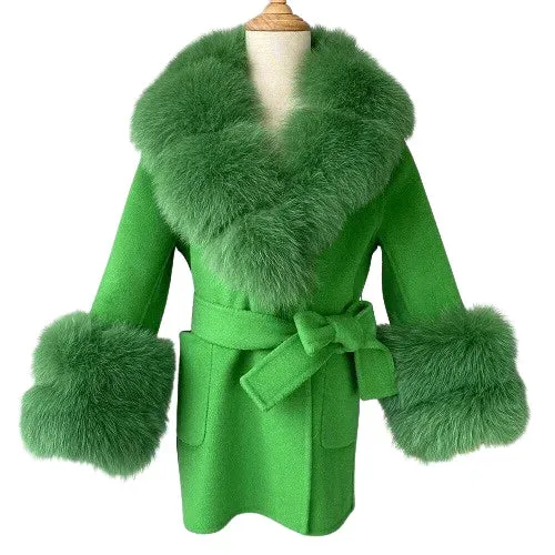 Children's winter woolen coat natural fox fur collar and cuffs