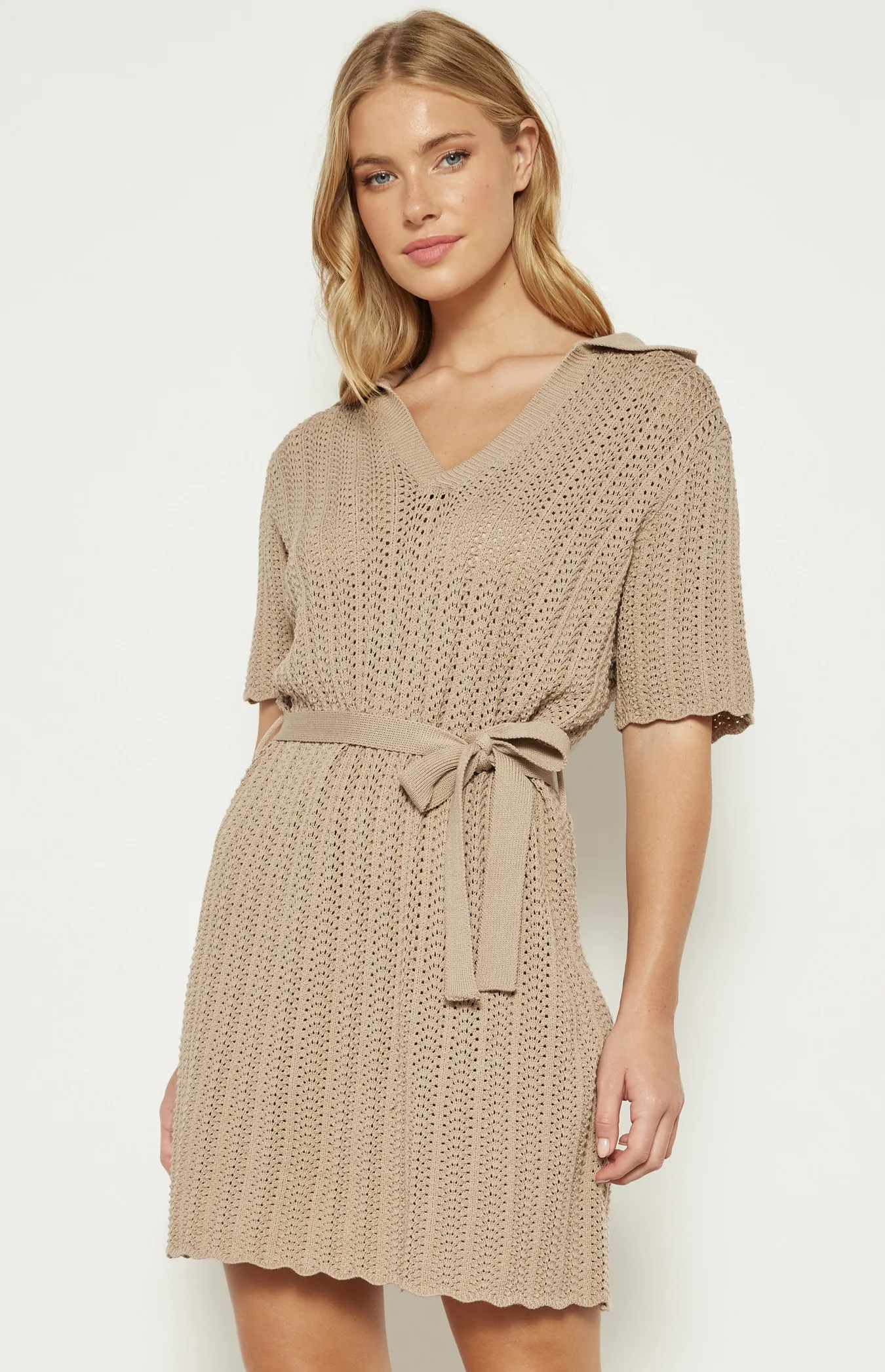 Collared Crochet Knit Dress with Tie Belt Feature (WKN662)