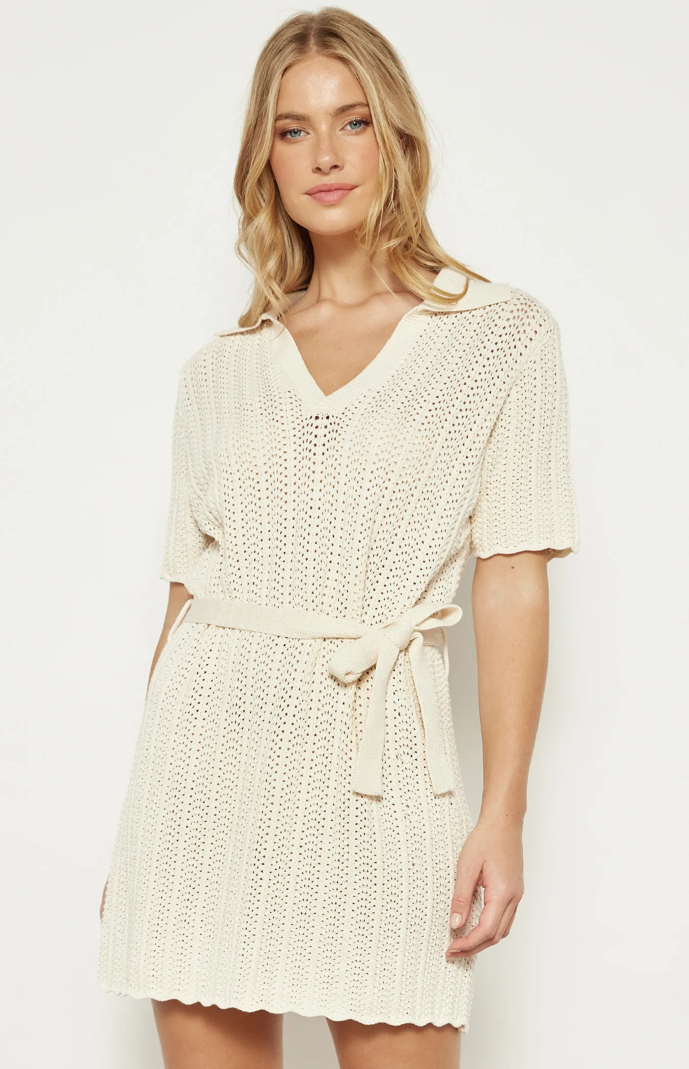 Collared Crochet Knit Dress with Tie Belt Feature (WKN662)