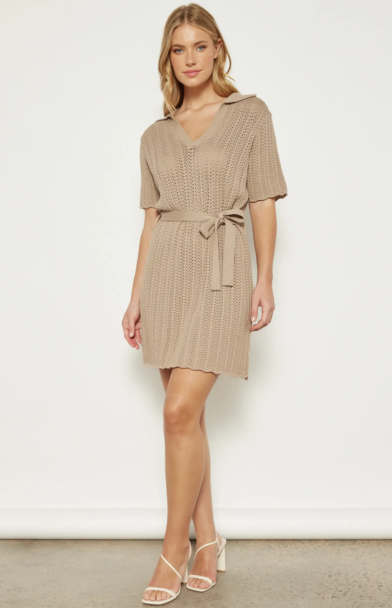 Collared Crochet Knit Dress with Tie Belt Feature (WKN662)