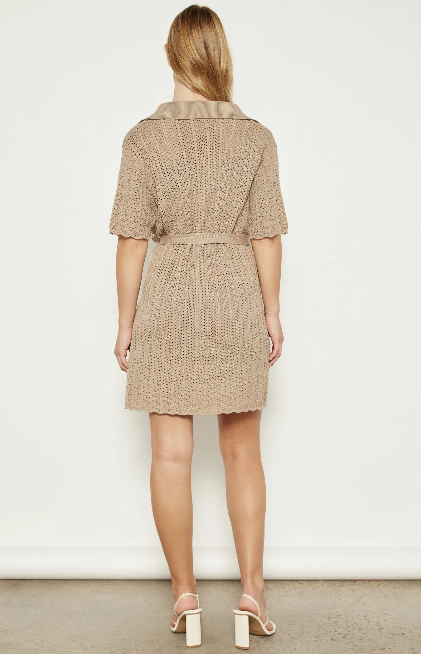 Collared Crochet Knit Dress with Tie Belt Feature (WKN662)