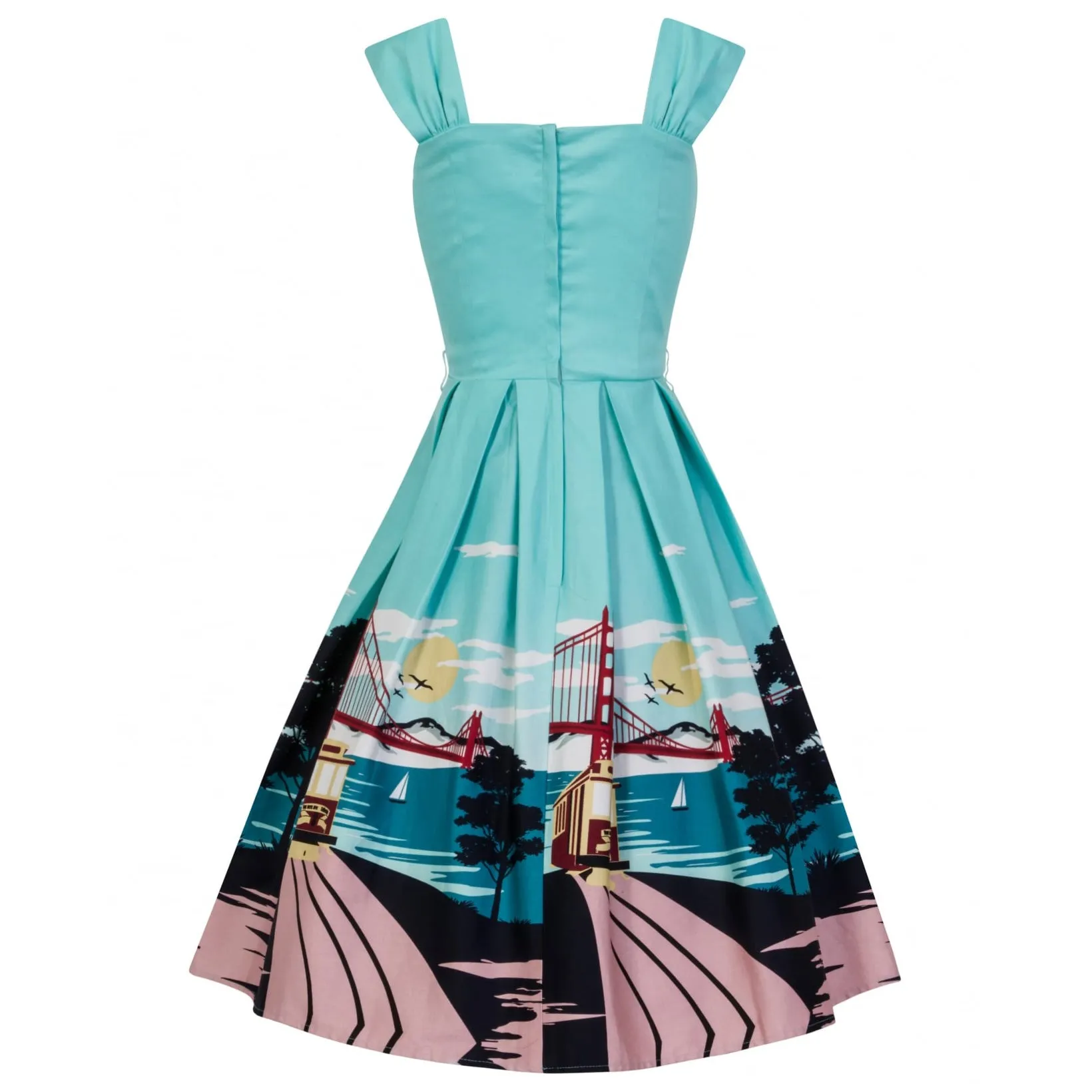 Collectif Aqua Blue San Francisco City Print 50s Swing Dress