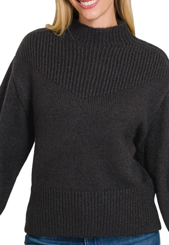 Contrast Knit Mock Neck Balloon Sleeve Sweater