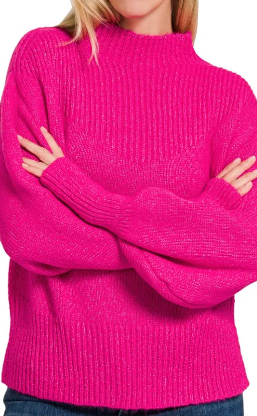 Contrast Knit Mock Neck Balloon Sleeve Sweater