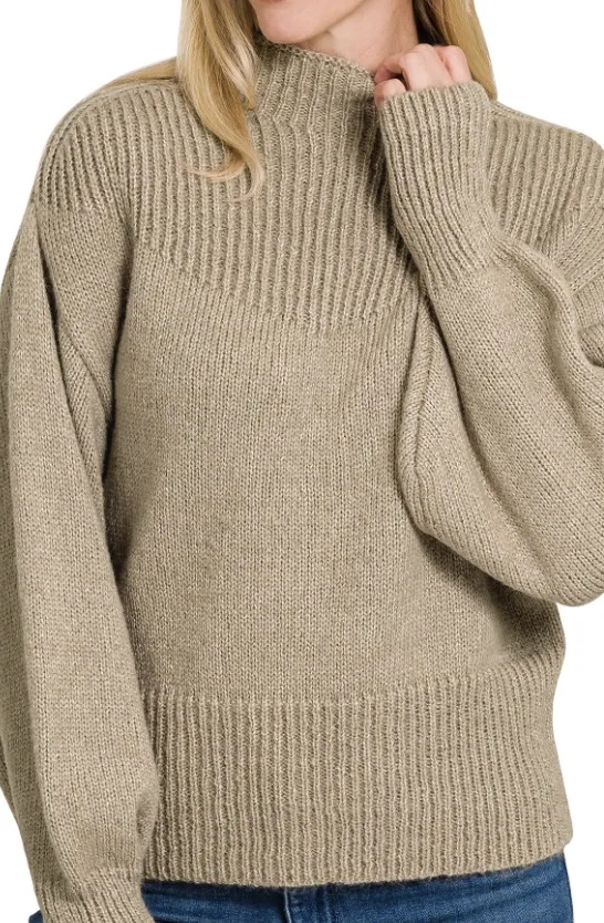 Contrast Knit Mock Neck Balloon Sleeve Sweater