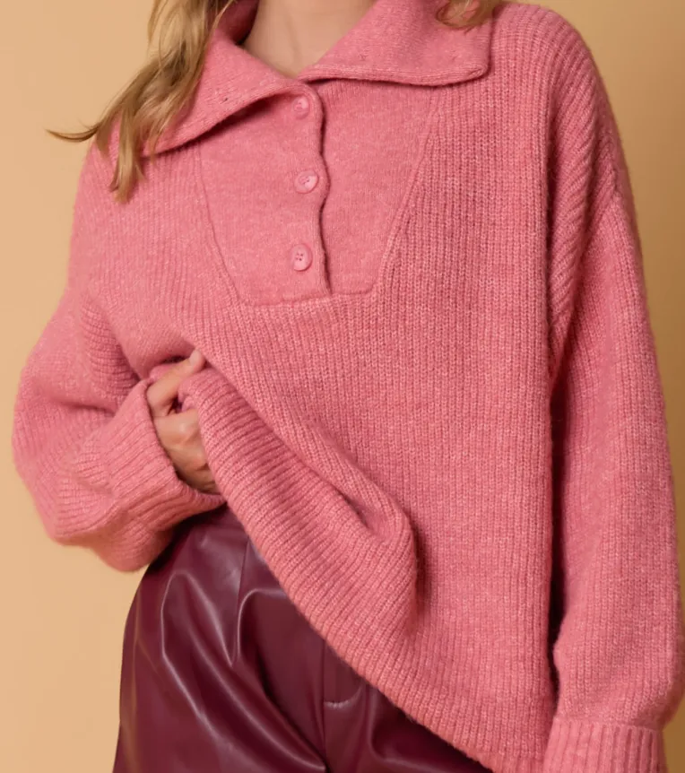 Coral Pink Long Sleeve Button Detail Knit Sweater