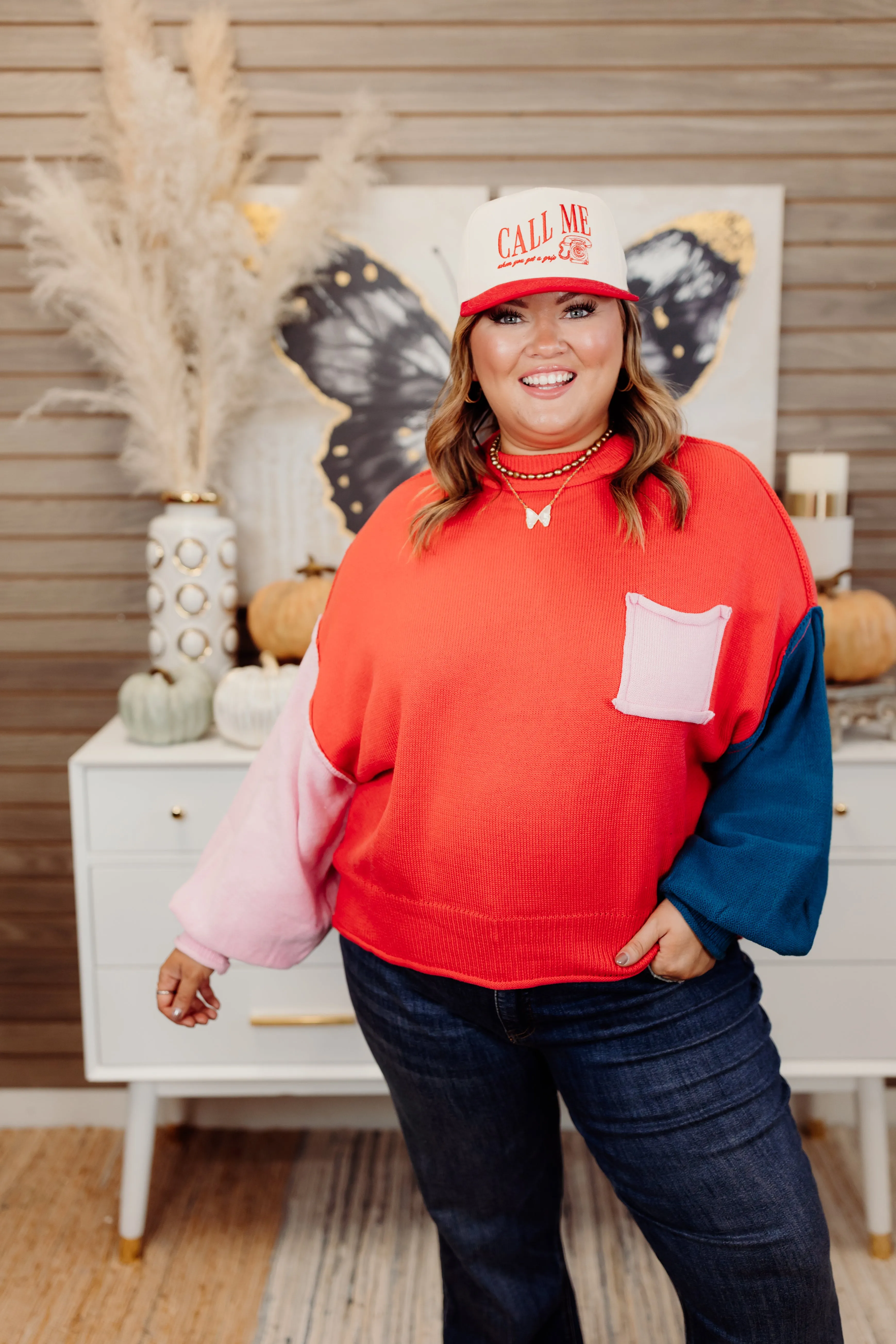 Coral Red Multi Colorblock Pocket Sweater