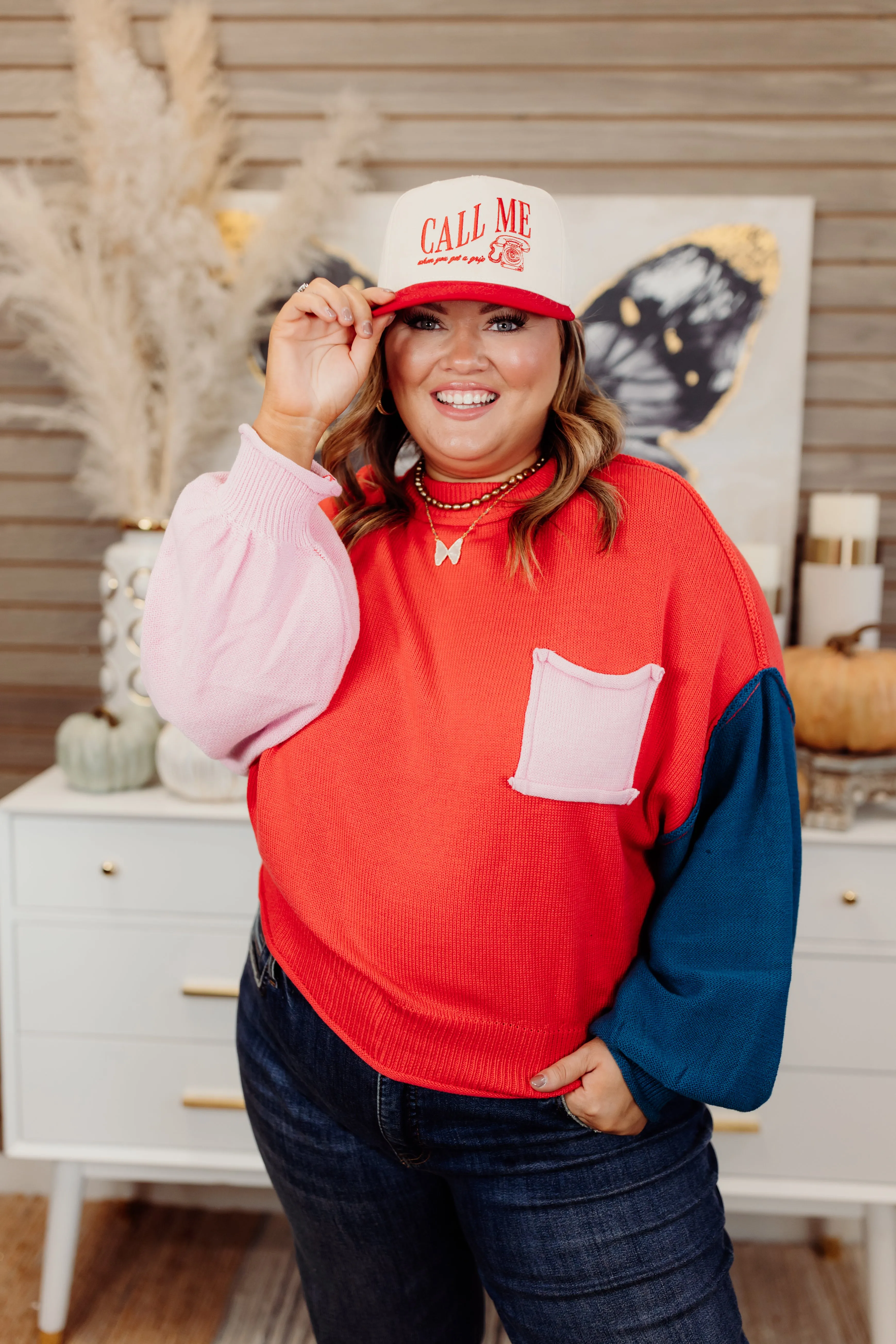 Coral Red Multi Colorblock Pocket Sweater