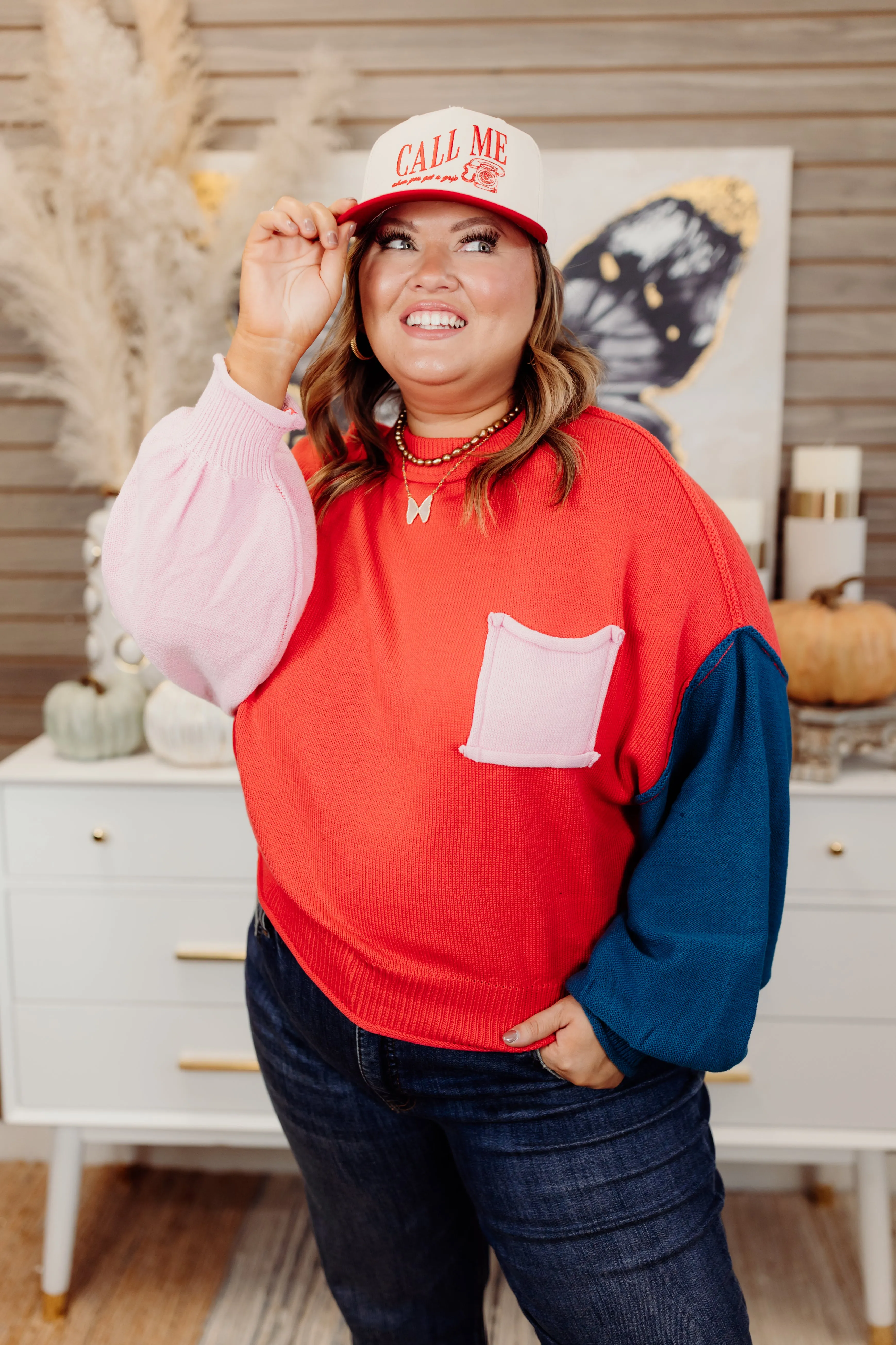 Coral Red Multi Colorblock Pocket Sweater