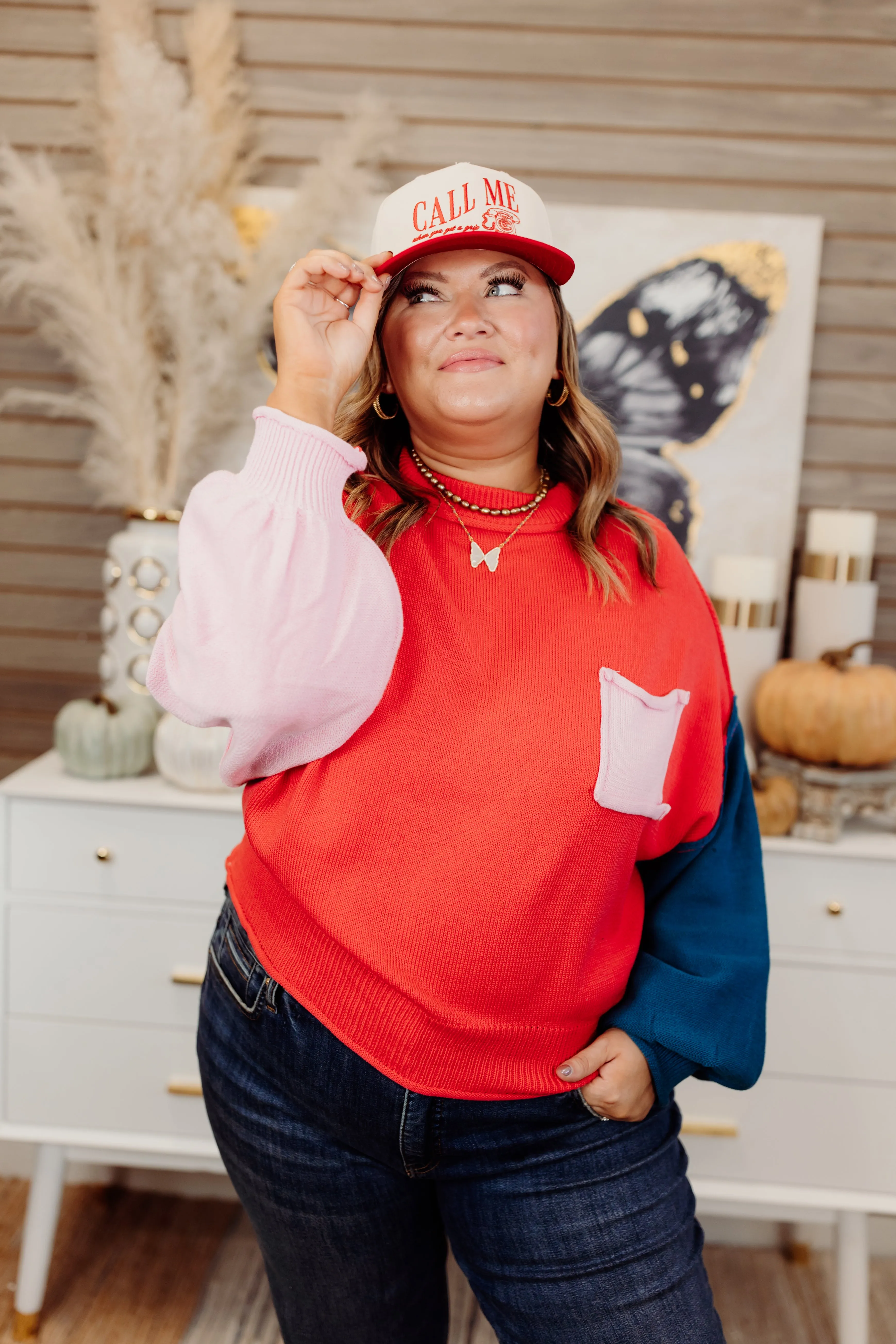 Coral Red Multi Colorblock Pocket Sweater