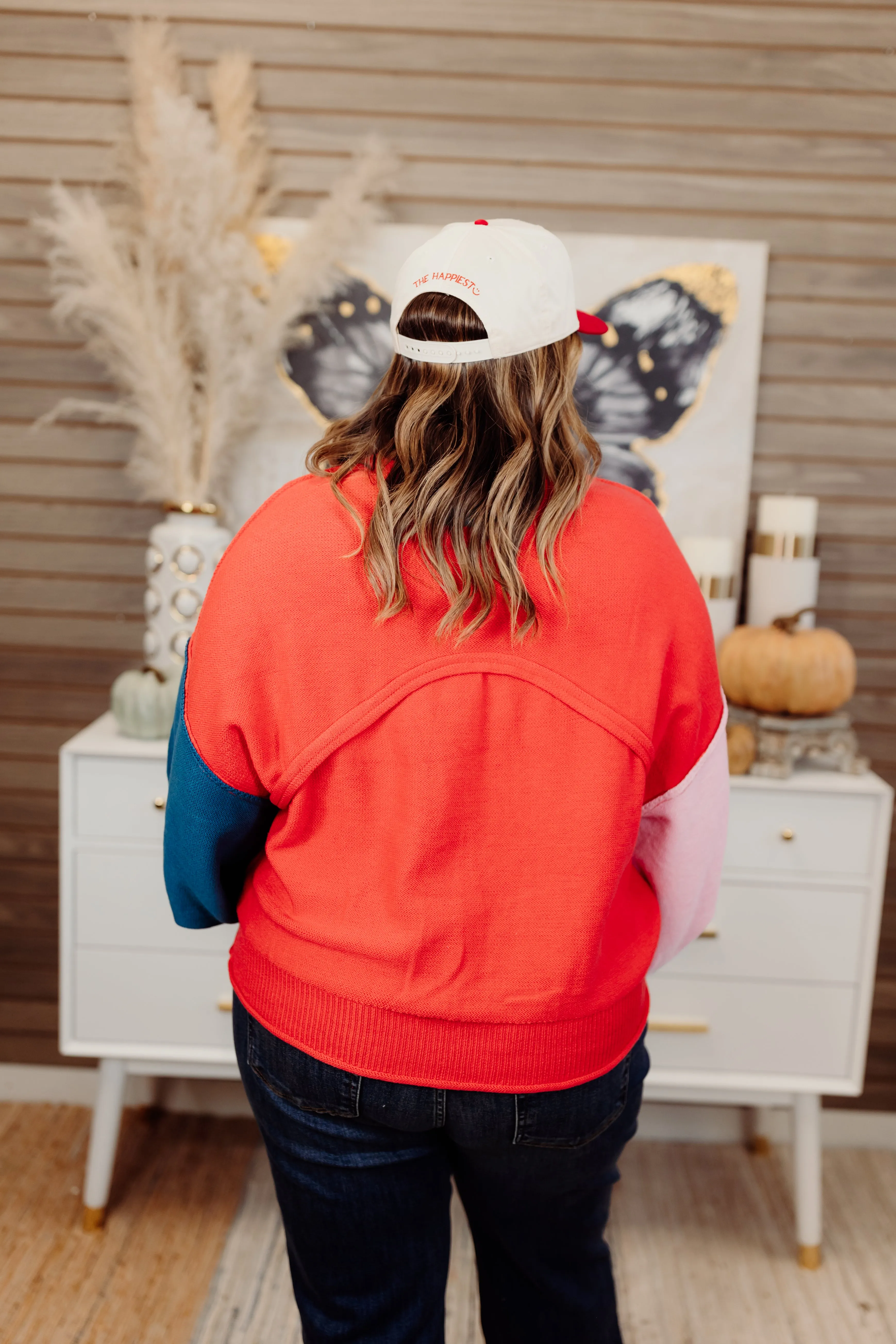 Coral Red Multi Colorblock Pocket Sweater